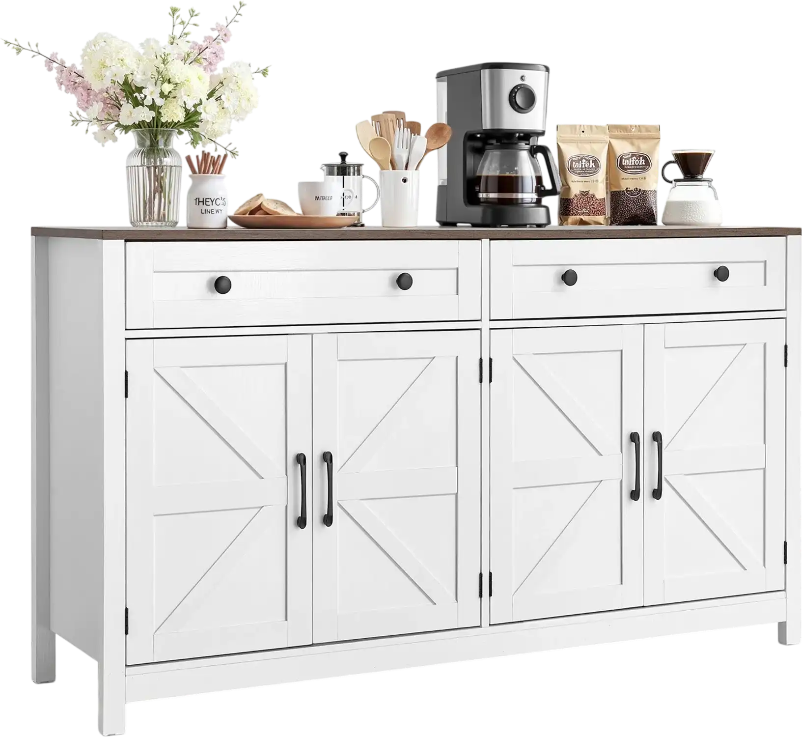 Vevor Coffee Bar Cabinet with 2 Drawers and 4 Barn Doors White New