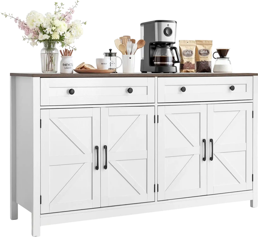 VEVOR Coffee Bar Cabinet, Farmhouse Coffee Bar Table with 2 Drawers, Buffet Stand Cabinet with 4 Barn Doors, Sideboard Buffet Station for Living Room, Entryway, Kitchen, 55.1 x 15.5 x 31.5 in, White