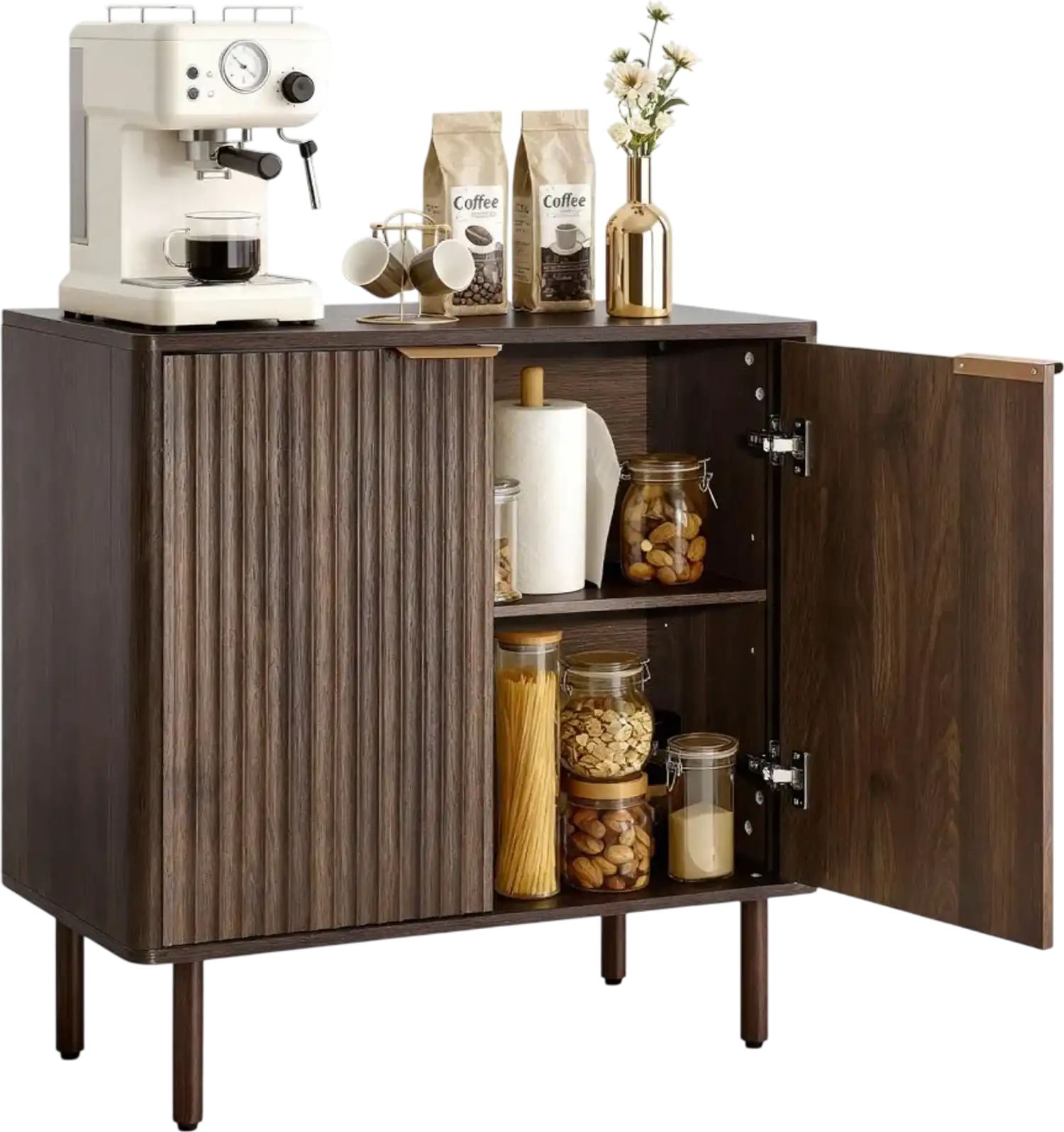 Vevor Coffee Bar Cabinet Mid-Century Fluted Storage Cabinet Walnut 31.5