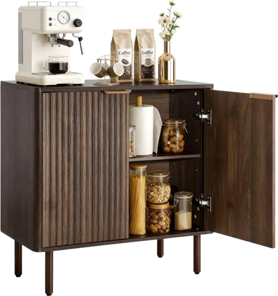 VEVOR Coffee Bar Cabinet, Mid Century Fluted Coffee Bar Table with 2-Tier Storage, Buffet Stand Cabinet with Barn Door, Sideboard Buffet Station for Living Room, Entryway, 31.5 x 14.7 x 31.5 in Walnut