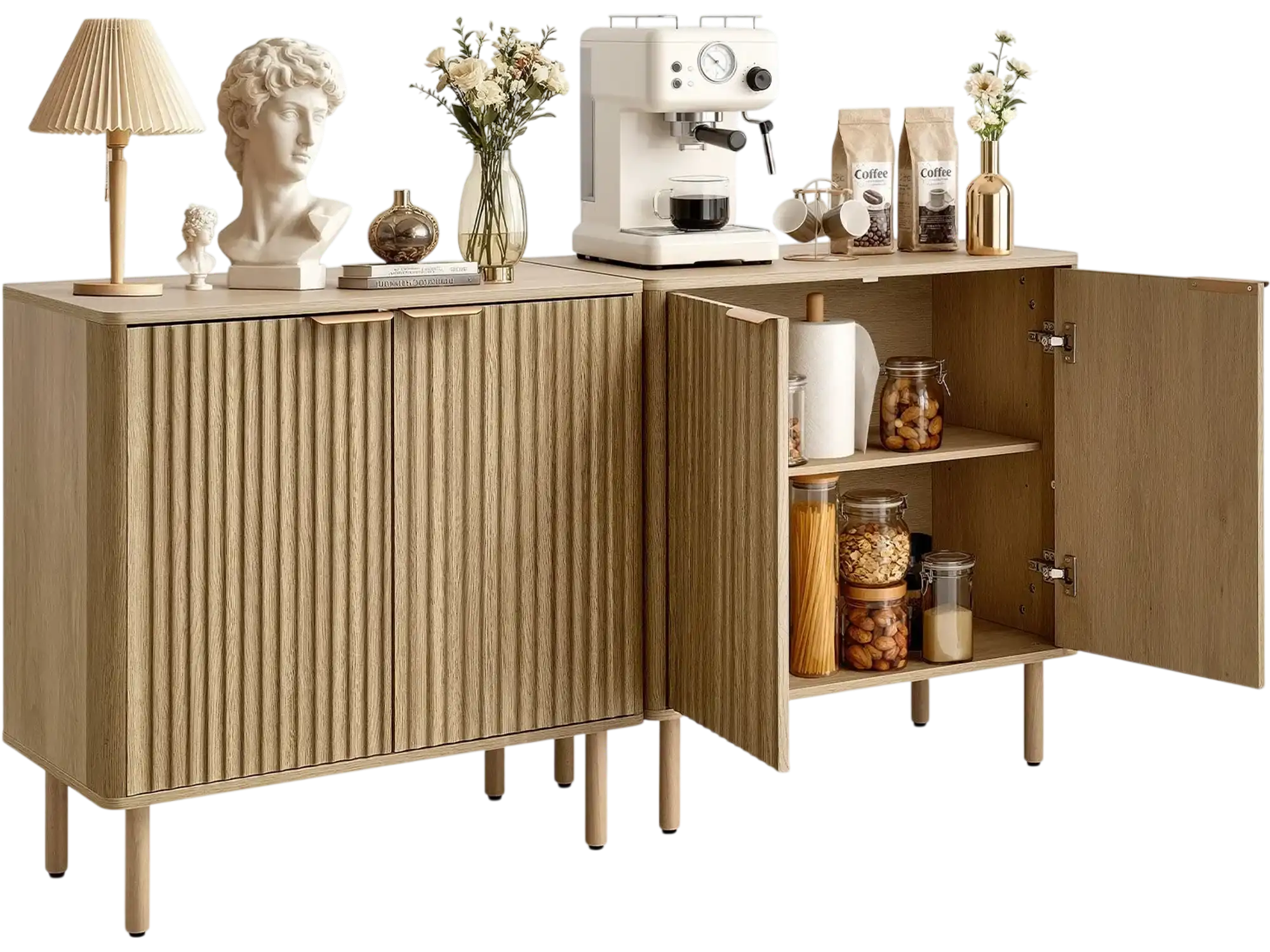 Vevor Coffee Bar Cabinet Mid Century Fluted Table with 2-Tier Storage New