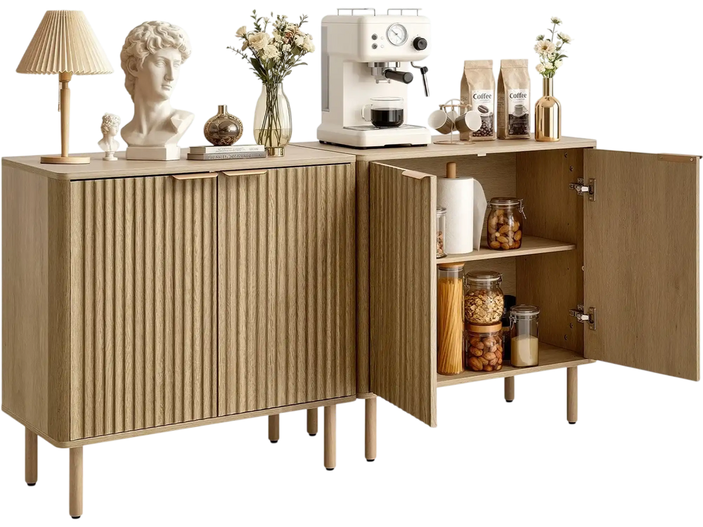 VEVOR Coffee Bar Cabinet, Mid Century Fluted Coffee Bar Table with 2-Tier Storage, Buffet Stand Cabinet with 4 Barn Doors, Sideboard Buffet Station for Living Room, Entryway, 31.5x14.7x31.5 in(Single)