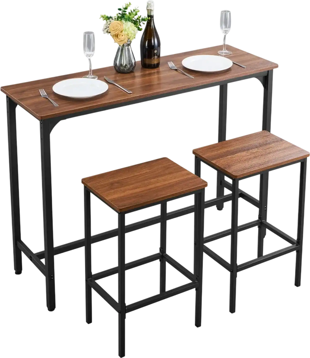 VEVOR Bar Table, 3PCS 47″ Bars Tables Set, Bar Tables and Chair Set with Rounded Edge Design, Rectangular Pub Table with Two Stools for Office Desk, Breakfast Corner, Mini Bars, Rustic Brown, Black