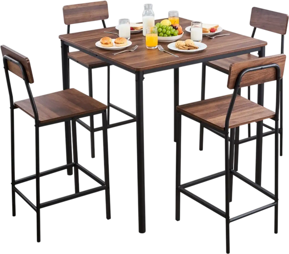 VEVOR Bar Table, 5PCS 35″ Bars Tables Set, Bar Tables and Chair Set with Rounded Edge Design, Square Pub Table with Four Stools for Living Room, Dining Room, Kitchen, Walnut Color, Black