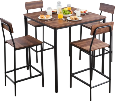 VEVOR Bar Table, 5PCS 35″ Bars Tables Set, Bar Tables and Chair Set with Rounded Edge Design, Square Pub Table with Four Stools for Living Room, Dining Room, Kitchen, Walnut Color, Black
