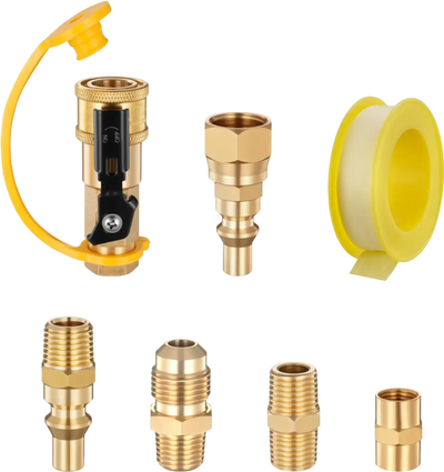 VEVOR RV Propane Quick Connect Fitting Adapter Valve, 7 Pieces, 1/4-Inch Male NPT Full Flow Plug & 3/8-Inch Male Flare Quick Kit for Low Pressure Gas Appliances and RV Propane Quick Connections