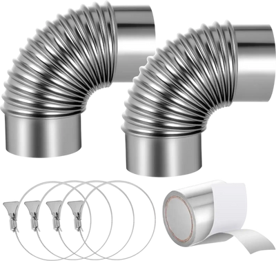 VEVOR 2 Pack Dryer Vent Elbow, 90 Degree Hose Connector Kit for 4 Inch Duct, Stainless Steel Vent Elbows with 4 Clamps and Aluminum Foil Tape, for HVAC Ducts, Pipes, and Ductworks at Tight Space