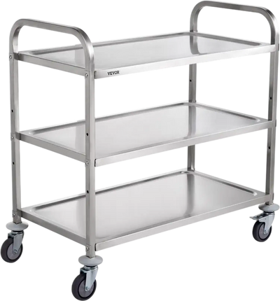 VEVOR Kitchen Utility Cart, 3 Tiers, Wire Rolling Cart with 450LBS Capacity, Steel Service Cart on Wheels, Metal Storage Trolley with 80mm Basket Curved Handle PP Liner 6 Hooks, for Indoor and Outdoor