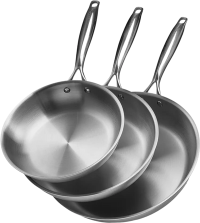 VEVOR Tri-Ply Stainless Steel Frying Pan, 3 Pcs Set (8, 10, 12 in), Cooking Skillet with Heat-Resistant Handle, Chef's Kitchen Cookware, Oven, Gas, Electric, Induction, Dishwasher Compatible, Silver