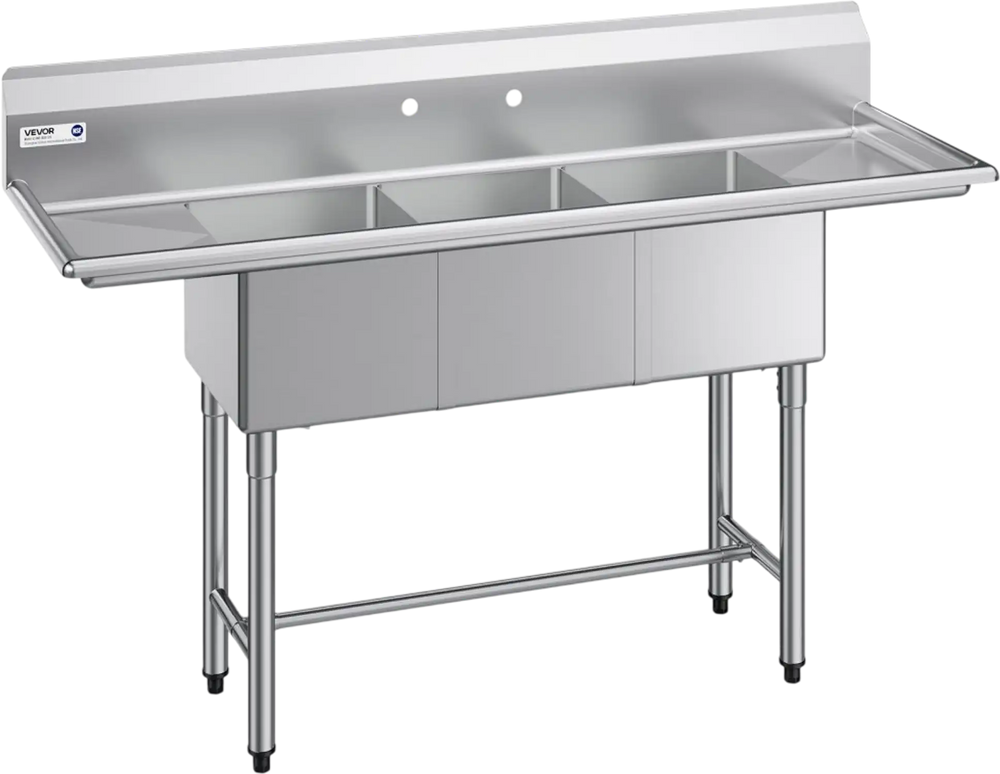 VEVOR 3 Compartment Sink, 18-Gauge 304 Stainless Steel, 14" x 16" x 11" Bowl Size, 3 Bay Commercial Kitchen Prep & Utility Sink with 2 Drainboards and Backsplash for Restaurant, Food Truck & Home Use