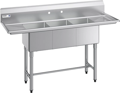 Vevor 3 Compartment Sink Commercial Kitchen Prep & Utility Sink with 2 Drainboards and Backsplash New