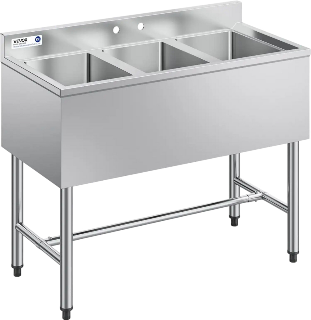 VEVOR 3 Compartment Sink, 18-Gauge 304 Stainless Steel, 10" x 14" x 10" Bowl Size, 3 Bay Commercial Under Bar Sink with Backsplash and Efficient Drainage for Kitchen, Restaurant, Food Truck & Home Use