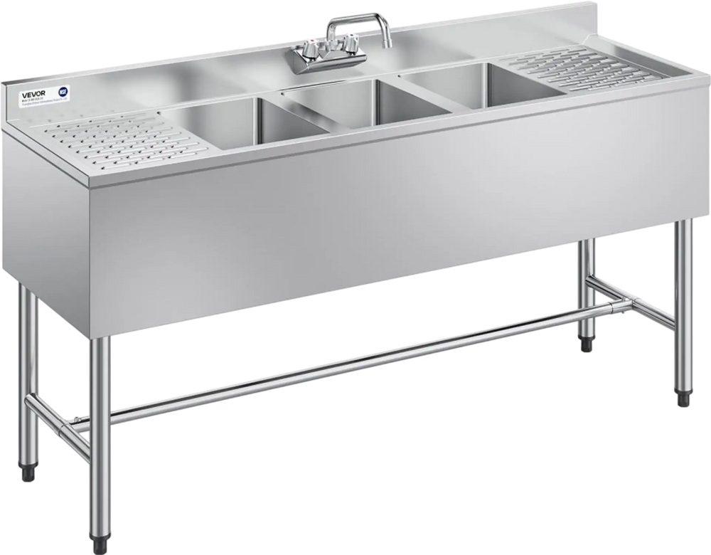 VEVOR 3 Compartment Sink, 18-Gauge 304 Stainless Steel, 10" x 14" x 10" Bowl Size, 3 Bay Commercial Under Bar Sink with Double Drainboard and Backsplash for Kitchen, Restaurant, Food Truck & Home Use