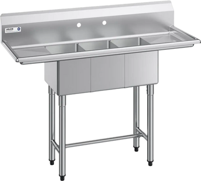 Vevor 3-Compartment Sink Commercial Kitchen Prep Utility Sink with 2 Drainboards & Backsplash New