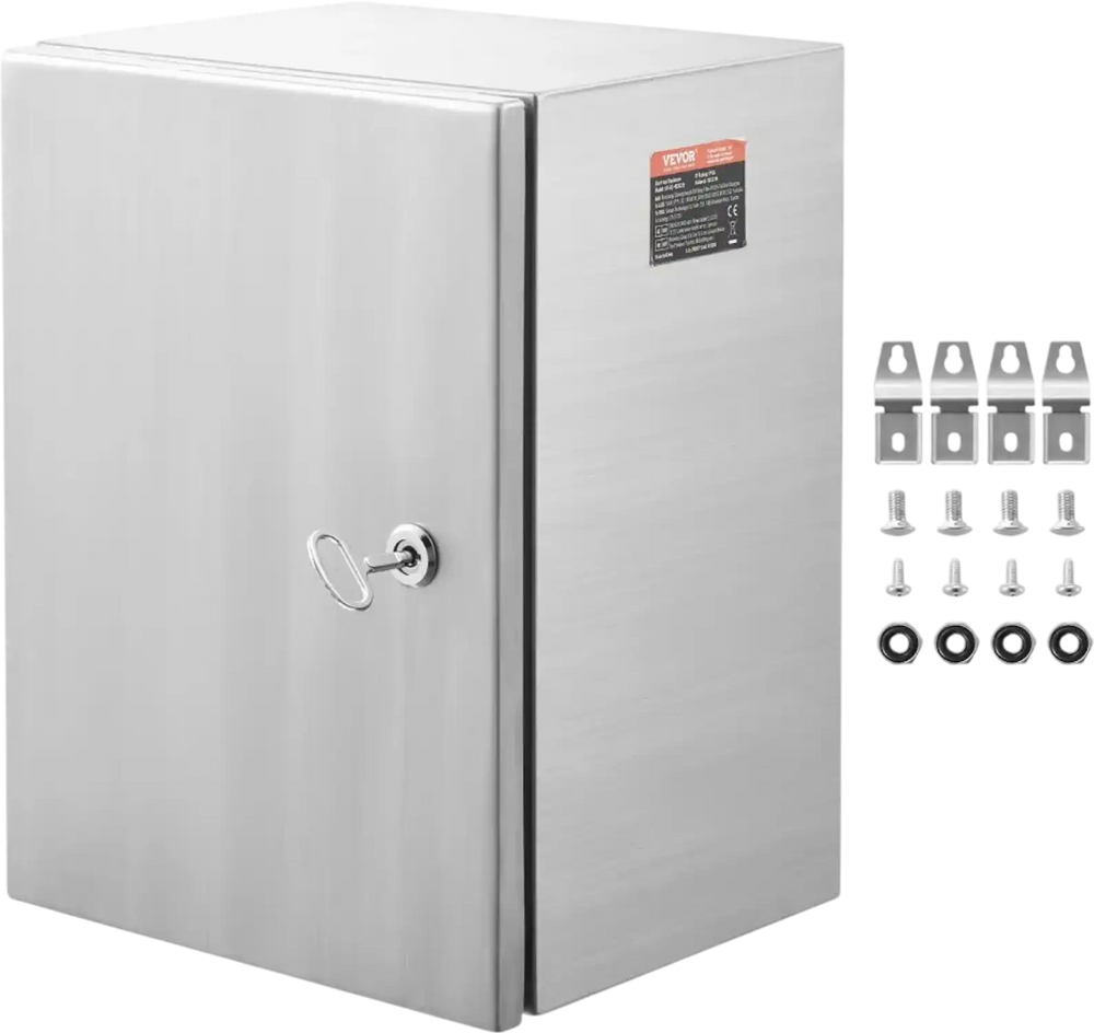 VEVOR Steel Electrical Box, 20"x 16"x 8", 304 Stainless Steel Electrical Enclosure Box, Wall-Mounted Outdoor Electrical Electronic Equipment Enclosure with Mounting Plate Hinges Lock, IP66 Waterproof