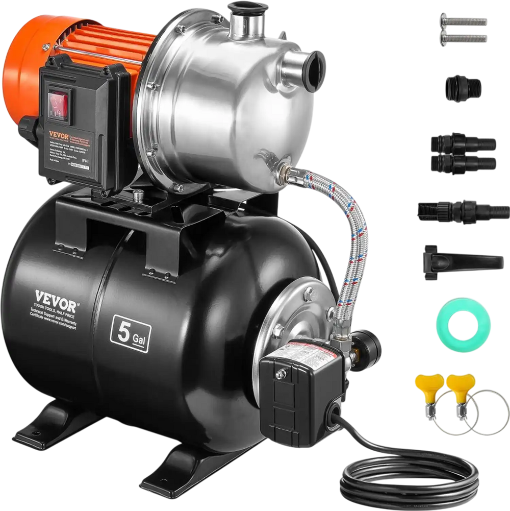 VEVOR 1.6 HP Shallow Well Pump with Pressure Tank, 1320 GPH, Automatic Irrigation Water Booster Pump with 5-Gal Pressure Tank 30/50 PSI Pressure Switch, Stainless Steel Pump Head for Home Garden Lawn