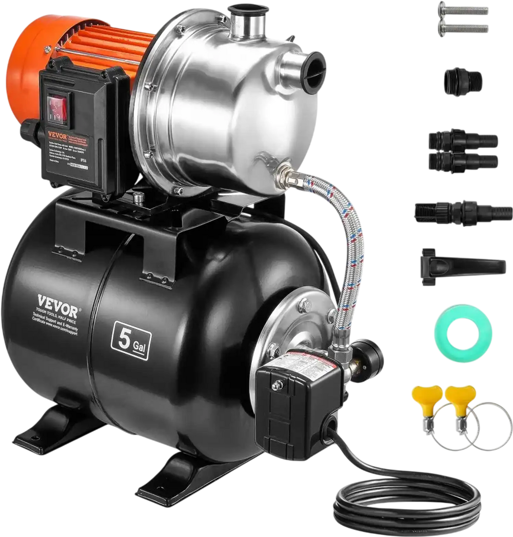 VEVOR 1 HP Shallow Well Pump with Pressure Tank, 1000 GPH, Automatic Irrigation Water Booster Pump with 130 ft Head Lift 20/40 PSI Pressure Switch, 304 Stainless Steel Pump Head for Home Garden Lawn