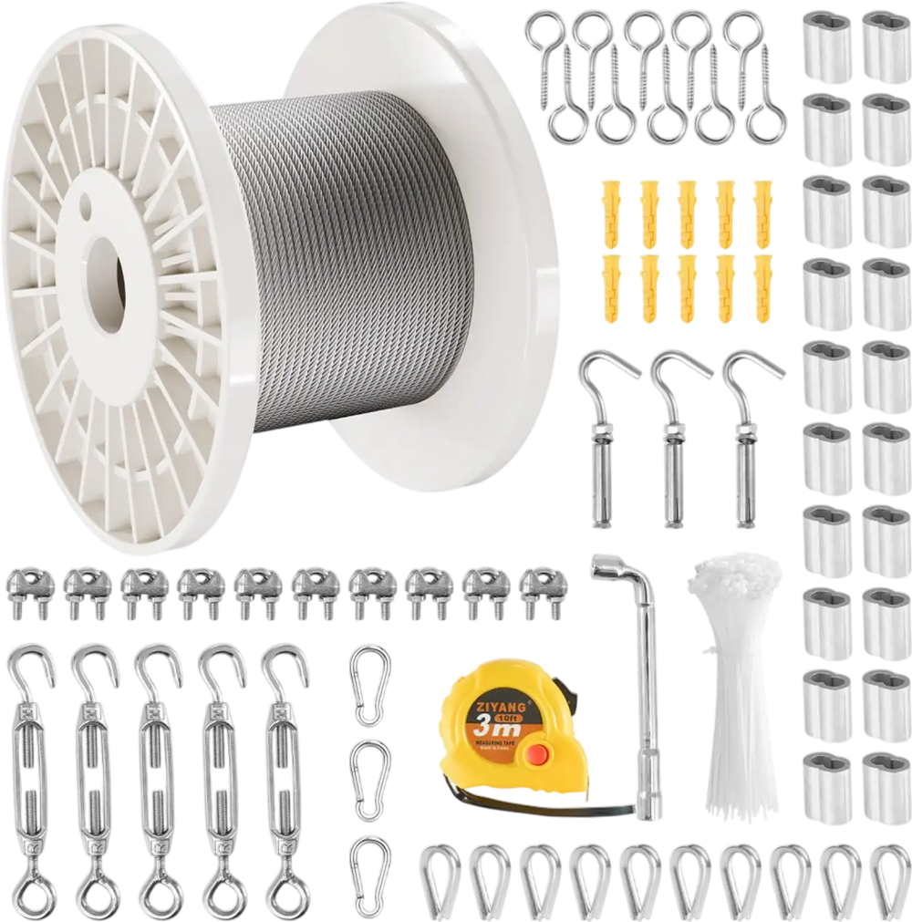VEVOR Wire Rope Kit, 1/8" 100 ft 304 Stainless Steel Cable with 124 Accessories, 1600 lbs Breaking Strength, 7x7 Strands Construction Marine Aircraft Grade for Handrail Stair Decking Fence Outdoors