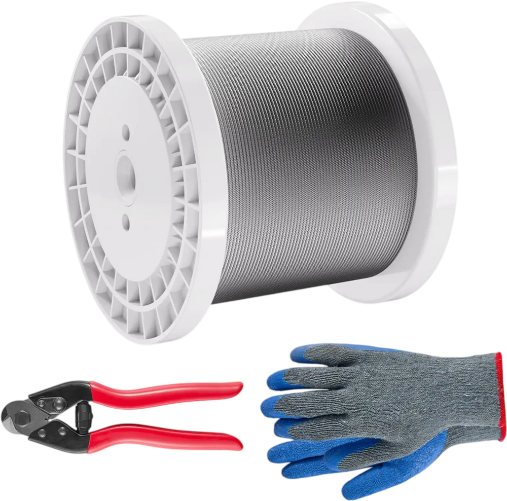 VEVOR Wire Rope Kit, 1/8" 1000 ft 316 Stainless Steel Cable with Cutter and Gloves, 1600 lbs Breaking Strength, 7x7 Strands Construction Marine Aircraft Grade for Handrail Stair Decking Fence Outdoors
