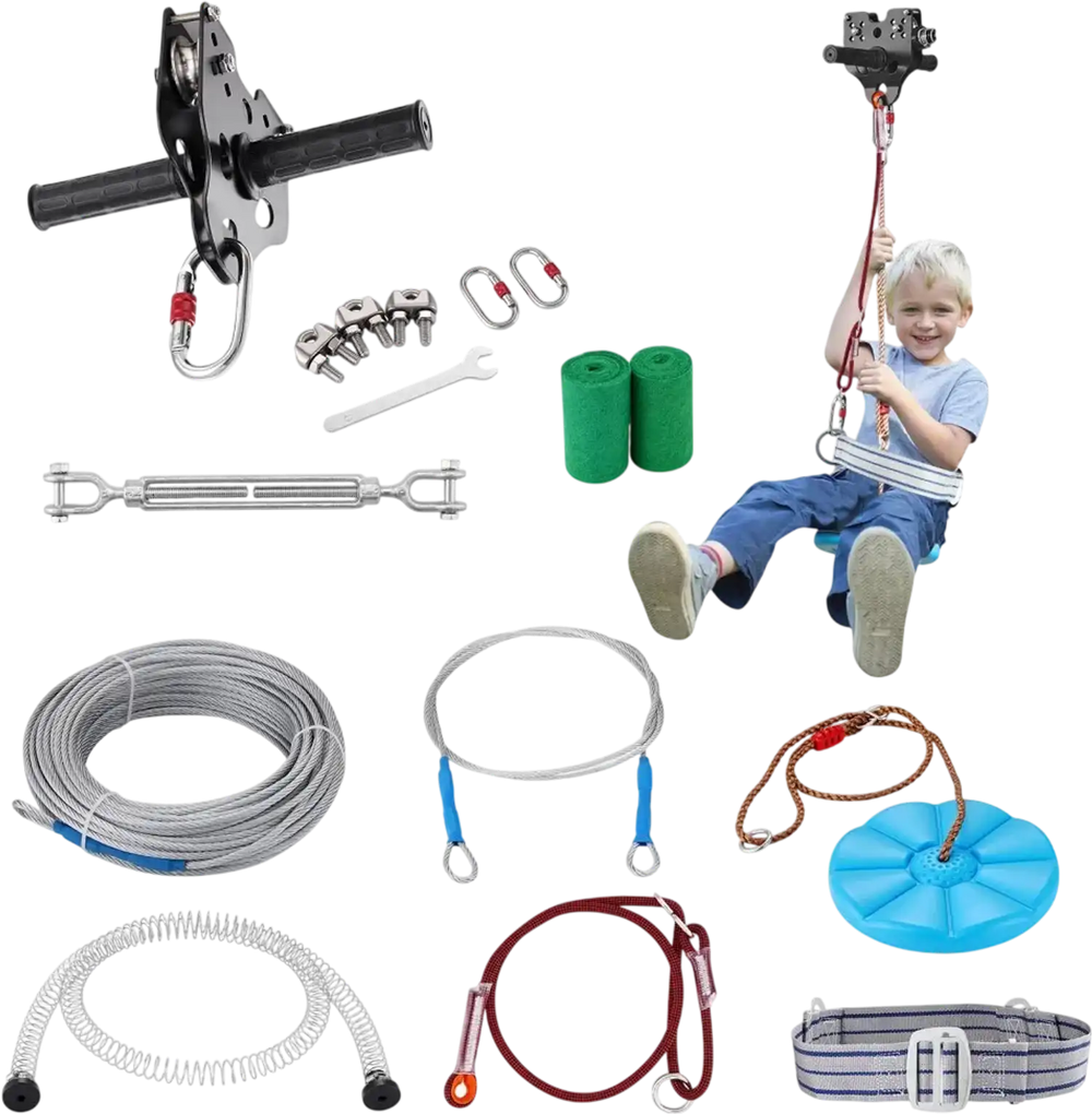 VEVOR Zipline Kit for Kids and Adult, 60 ft Zip Line Kits Up to 500 lb, Backyard Outdoor Quick Setup Zipline, Playground Entertainment with Stainless Steel Zipline, Spring Brake, Safety Harness, Seat