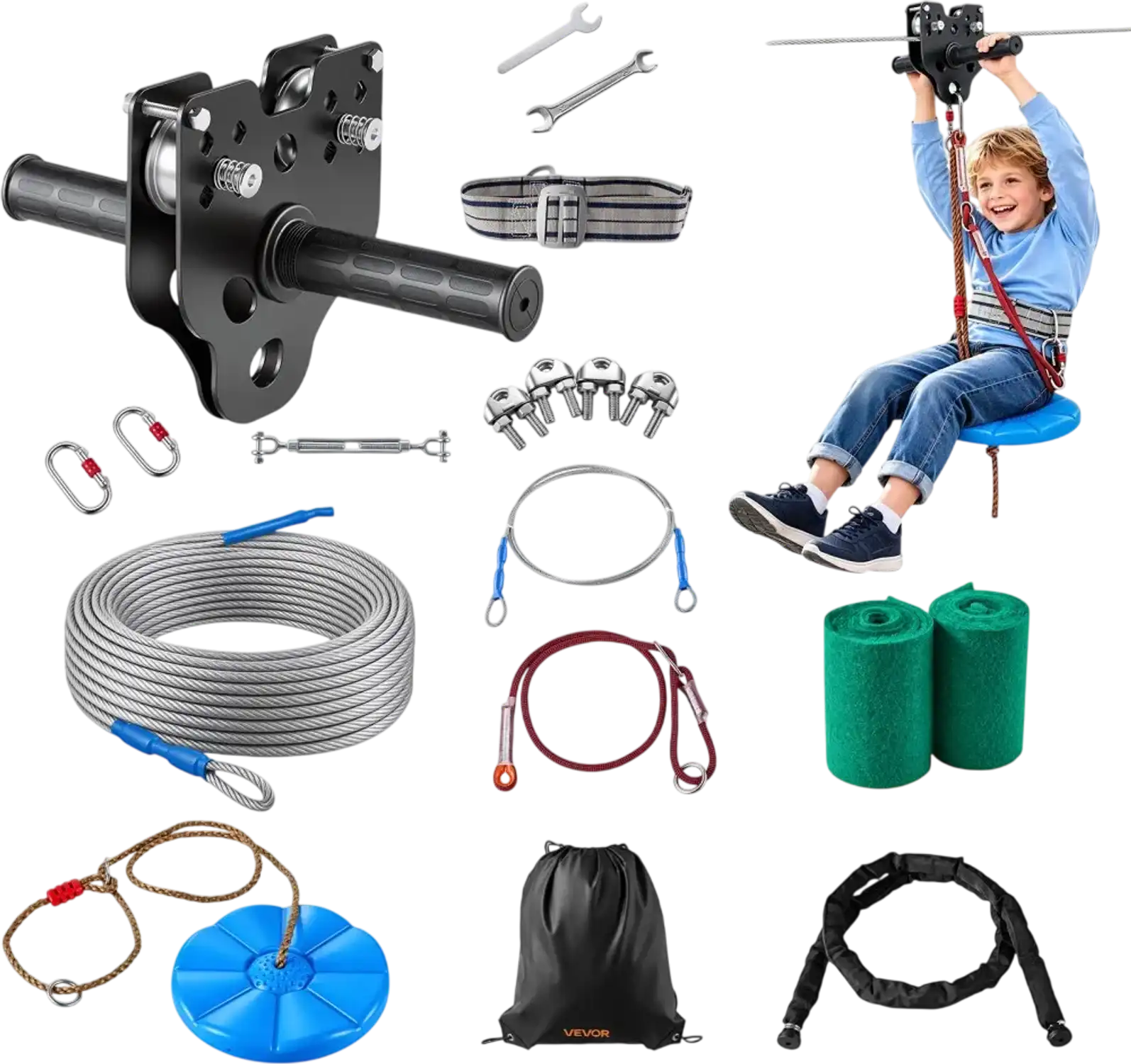Vevor Zipline Kit Backyard Kids 80' Steel Cable with Spring Brake & Swing Seat New