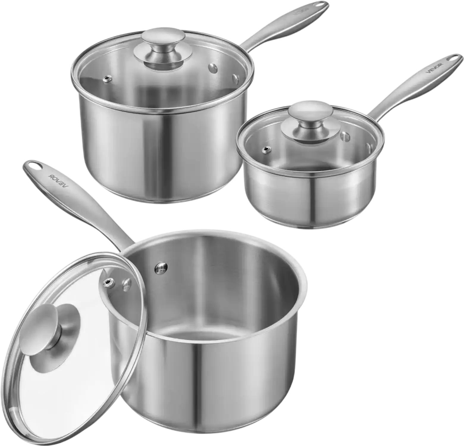 Vevor Saucepan Set 1 Qt 2 Qt 3 Qt Stainless Steel with Glass Lids New