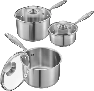Vevor Saucepan Set 1 Qt 2 Qt 3 Qt Stainless Steel with Glass Lids New