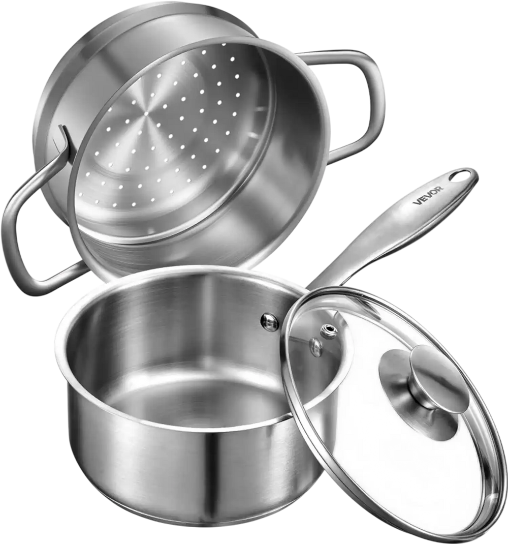VEVOR 1.5 QT Saucepan with Steamer, Stainless Steel Saucepan with Glass Lid, Multipurpose Nonstick Stainless Steel Sauce Pot with Ergonomic Handle, Friendly for Oven, Dishwasher, Induction Cooker
