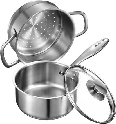Vevor Saucepan 1.5 Qt Stainless Steel with Steamer and Glass Lid New