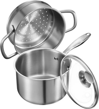 VEVOR 2.5 QT Saucepan with Steamer, Stainless Steel Saucepan with Glass Lid, Multipurpose Nonstick Stainless Steel Sauce Pot with Ergonomic Handle, Friendly for Oven, Dishwasher, Induction Cooker