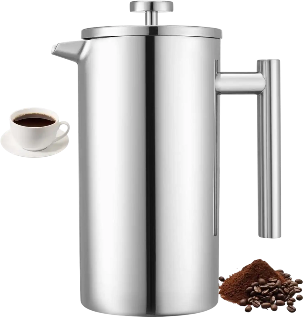 VEVOR French Press Coffee Maker, 51 Ounce 1.5 Liter Stainless Steel Coffee Press Tea Maker with Filter, Large Double Wall Insulated French Presses Cold Brew for Camping Travel Home Kitchen, Silver
