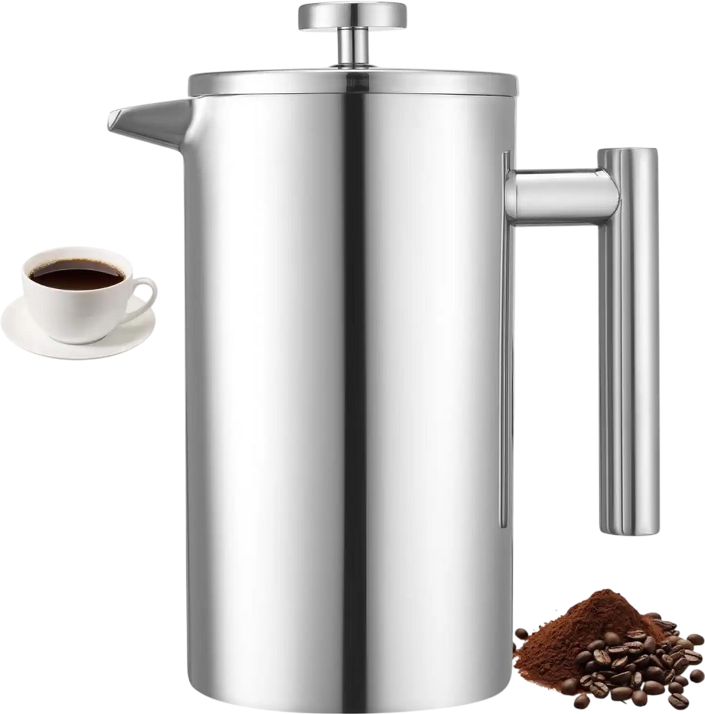 VEVOR French Press Coffee Maker, 34 Ounce 1 Liter Stainless Steel Coffee Press Tea Maker with Filter, Large Double Wall Insulated French Presses Cold Brew for Camping Travel Home Kitchen, Silver