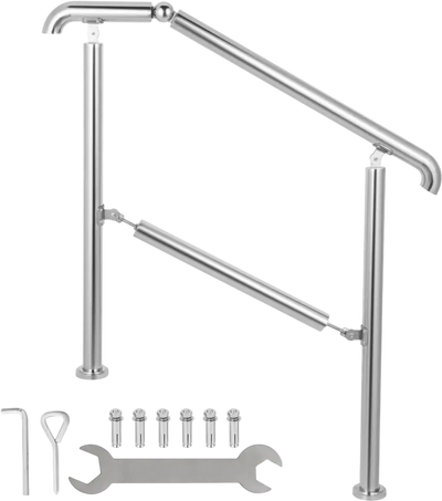 VEVOR Stainless Steel Transitional Handrail fit for Level Surface and 2 to 3 Adjustable Stair Indoor Outdoor Step Railings 441lb Capacity with Installation Kit Porch DIY, Silver