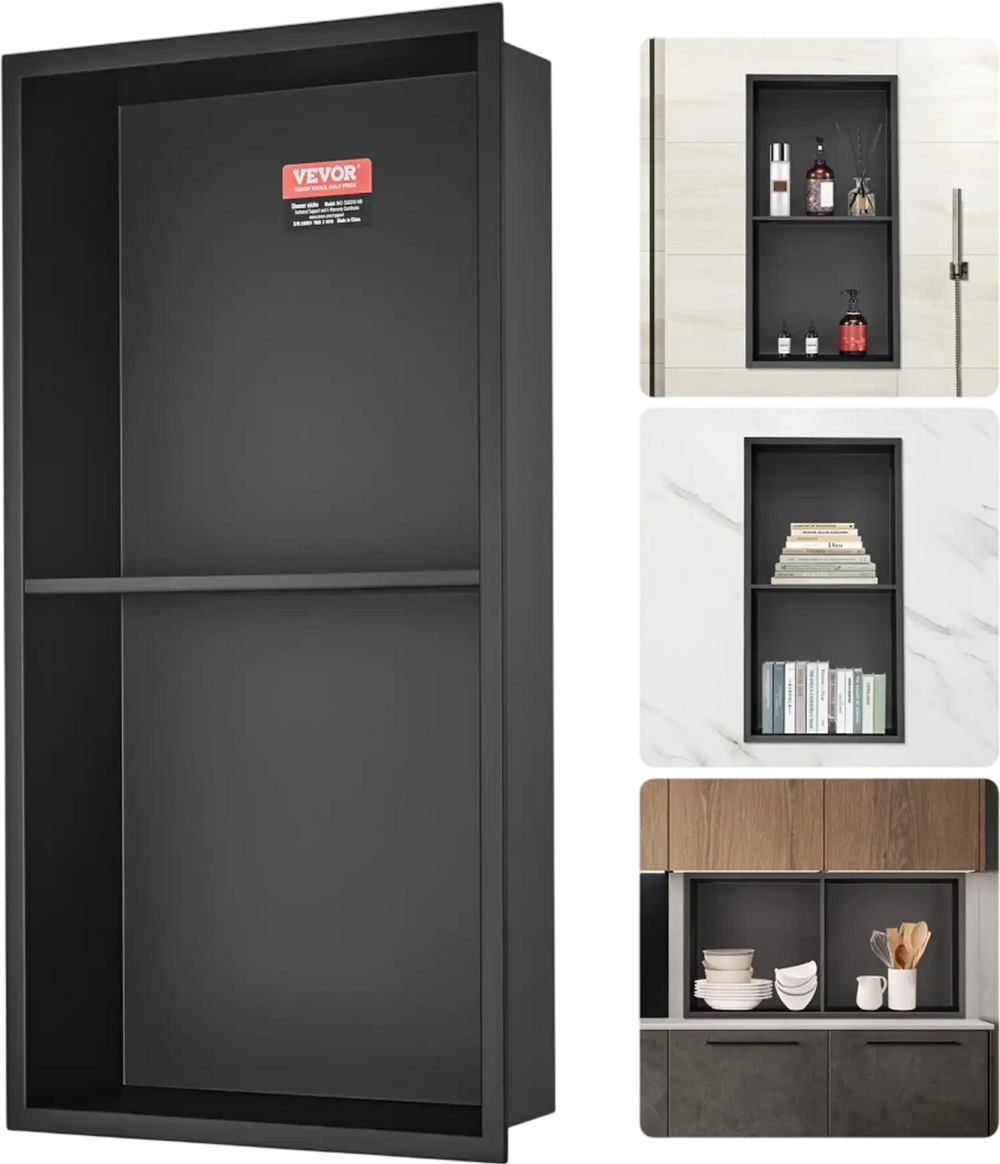 VEVOR 13"x25" No Tile Shower Niche 304 Stainless Steel, Wall-Inserted Niche Recessed Double Shelves, Sealed Waterproof Rust-Resistant Easy Cleaning Modern Niche for Shower or Soap Storage Bathroom