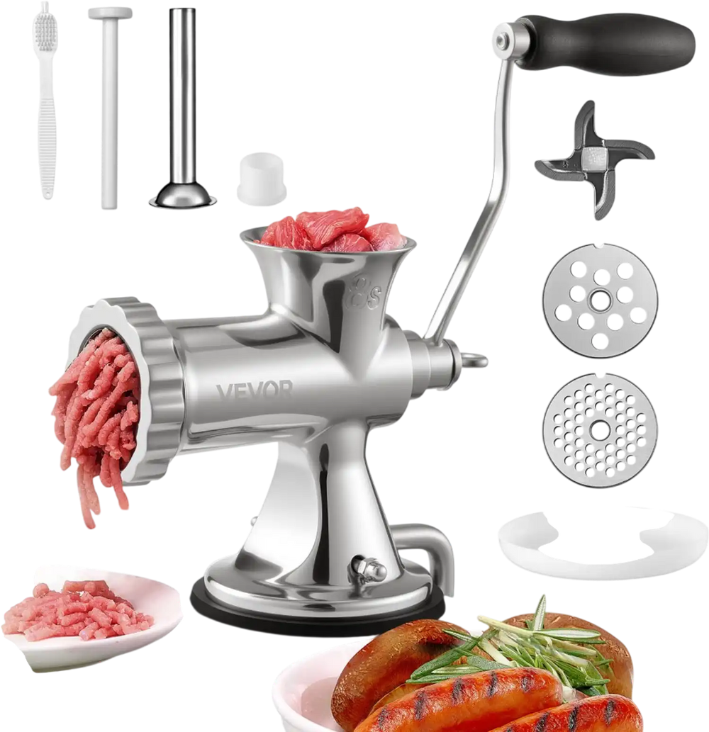 VEVOR Manual Meat Grinder, 304 Stainless Steel Hand Meat Grinder with Suction Cup + Steel Table Clamp, Meat Mincer Sausage Maker & 2 Cutting Plates, Sausage Tube, Grinding Head for Beef Pepper Cookie