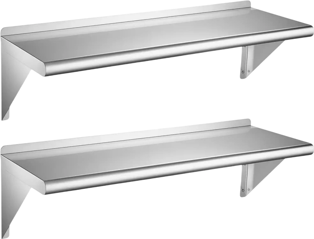 VEVOR Stainless Steel Shelf 12" x 36" 2-Pack Wall Mount Floating Shelf, Heavy-Duty Commercial Shelves with Brackets, 300LBS Capacity, Easy to Clean, Suitable for Restaurant, Home Kitchen, Garage