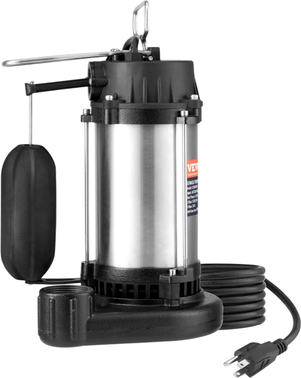 VEVOR Submersible Sewage Pump, 0.5HP 4188GPH, Cast Iron Sewage Water Pump with 24 ft Lift 10 ft Power Cord and Automatic Float Switch, Stainless Steel for Clean Flooded Basement Yard Farm Sewer