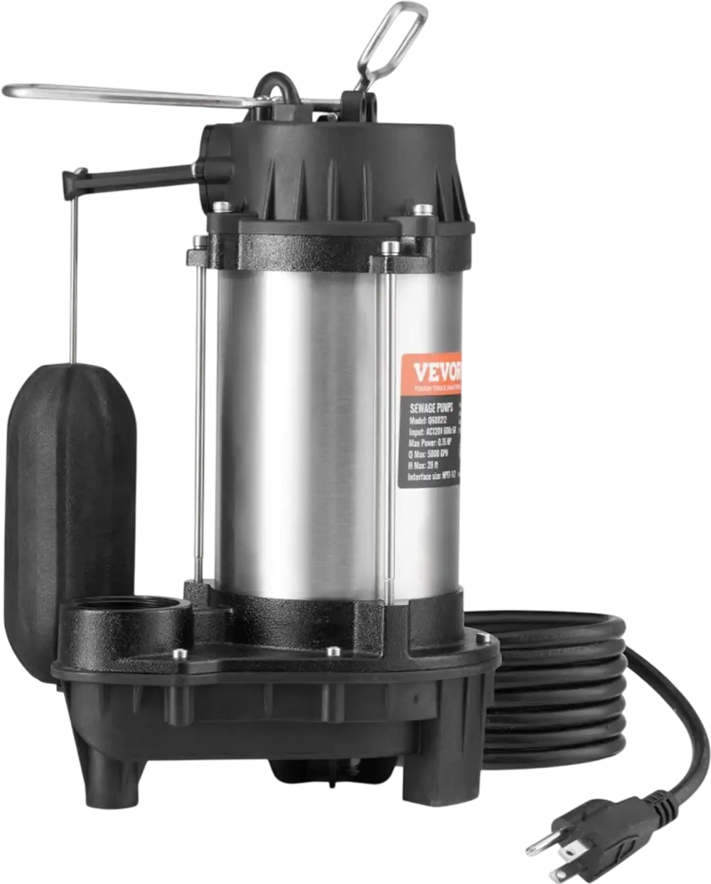 VEVOR Submersible Sewage Pump, 0.75HP 5000 GPH, Cast Iron Sewage Water Pump with 28 ft Lift 10 ft Power Cord and Automatic Float Switch, Stainless Steel for Clean Flooded Basement Yard Farm Sewer