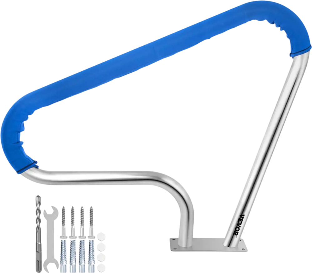VEVOR Pool Rail 39x32 Pool Railing 304 Stainless Steel 250LBS Load Capacity Silver Rustproof Pool Handrail Humanized Swimming Pool Handrail with Blue Grip Cover & M8 Drill Bit & Self-Taping Screws