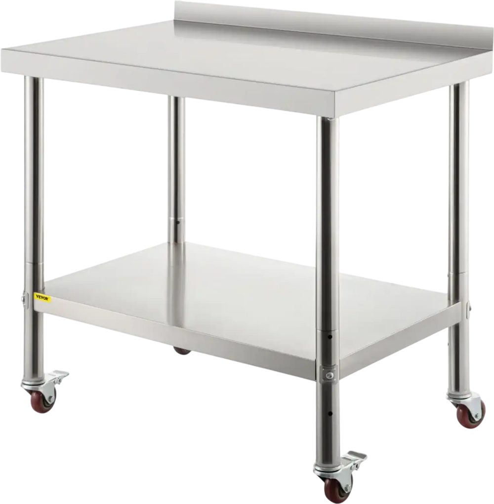 VEVOR Stainless Steel Prep Table, 36 x 24 x 35 Inch, 440lbs Load Capacity Heavy Duty Metal Worktable with Backsplash Adjustable Undershelf & 4 Casters, Commercial Workstation for Kitchen Restaurant