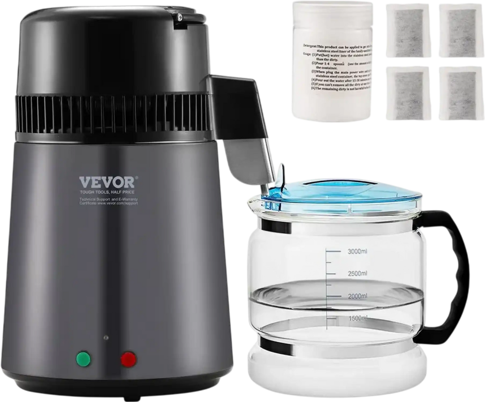 VEVOR Water Distiller, 4L 1.05 Gallon Pure Water Purifier Filter For Home Countertop, 750W Distilled Water Maker, Stainless Steel Interior Distiller Water Making Machine to Make Clean Water, Gray