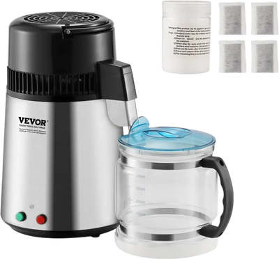 VEVOR Water Distiller, 4L 1.05 Gallon Pure Water Purifier Filter For Home Countertop, 750W Distilled Water Maker, Stainless Steel Interior Distiller Water Making Machine to Make Clean Water, Silvery