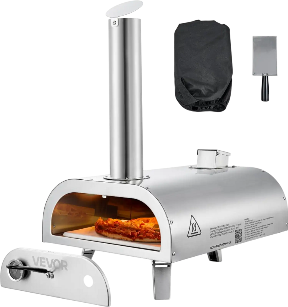 VEVOR Pizza Oven Outdoor, 12" Pellet Pizza Oven, Portable Pizza-Stove with Built-in Thermometer, Wood Fired Stainless Steel Pizza-Maker, for Backyard, Camping, Pizza-Stone, Shovel, Carry Bag, Silver