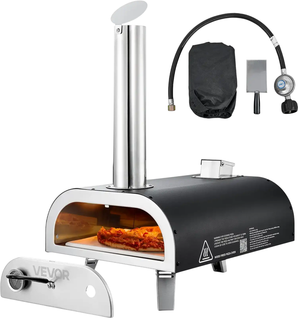 VEVOR Dual Fuel Pizza Oven Outdoor, 12 in Wood Fire & Propane Gas Pizza Oven, Portable Pellet & Propane Pizza-Maker with Thermometer, Iron Spray Black Shell Pizza-Cook for Outside Camping & Backyard