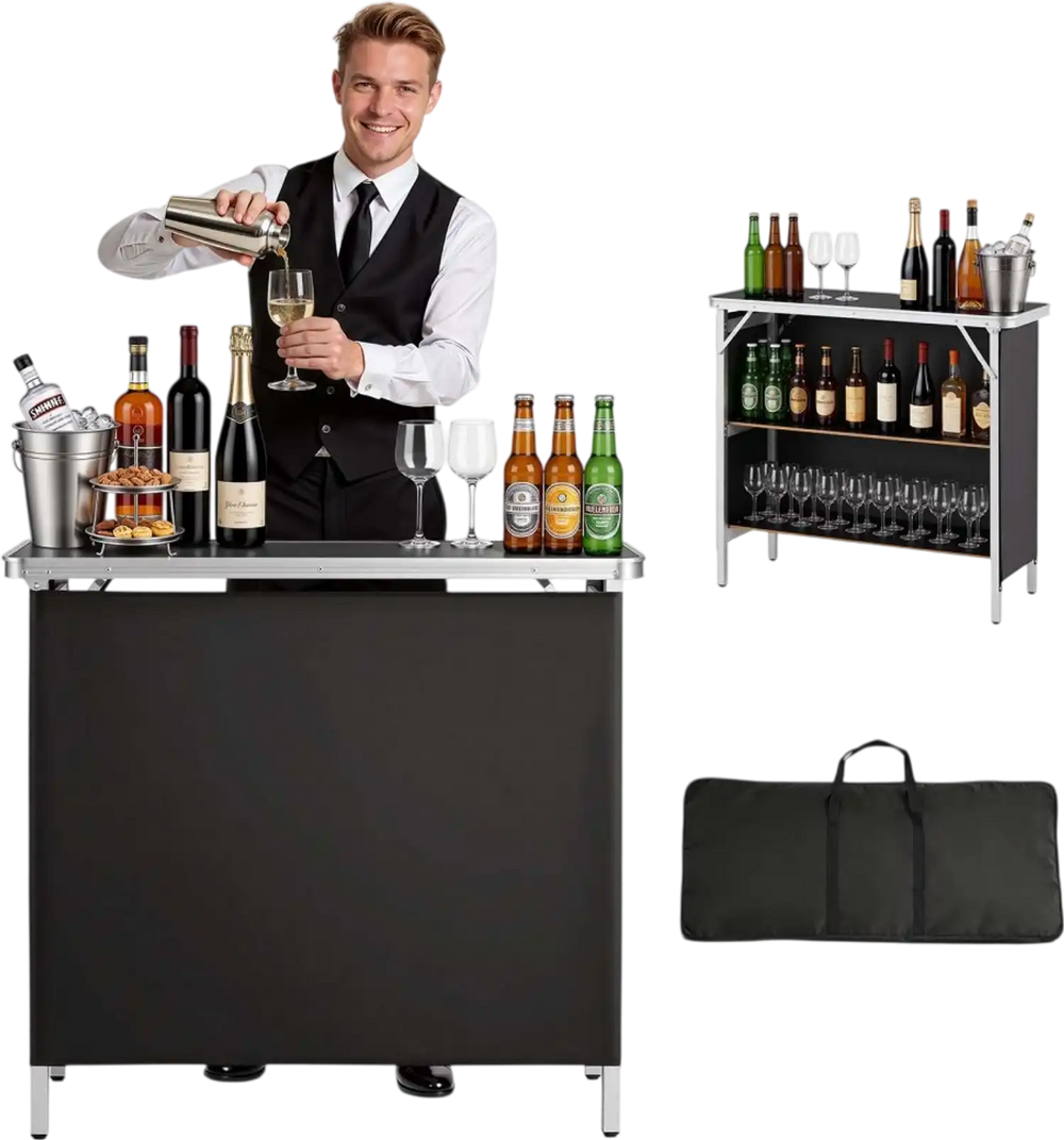 VEVOR Folding Portable Bar Table, 38.6 x 15.2 x 34.3 in, with Carry Bag, Storage Shelf, and Detachable Skirt, Quick and Easy Setup, Foldable Mobile Bartending Station for Events, Party, Tradeshow