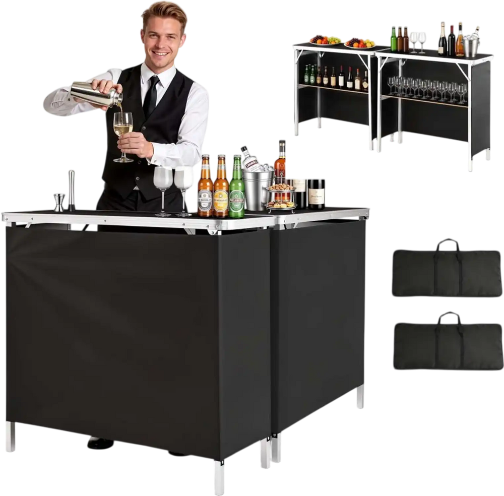 VEVOR Folding Portable Bar Table, 2 pcs, 38.6 x 15.2 x 34.3 in, with Carry Bag, Storage Shelf, Detachable Skirt, Quick and Easy Setup, Foldable Mobile Bartending Station for Events, Party, Tradeshow