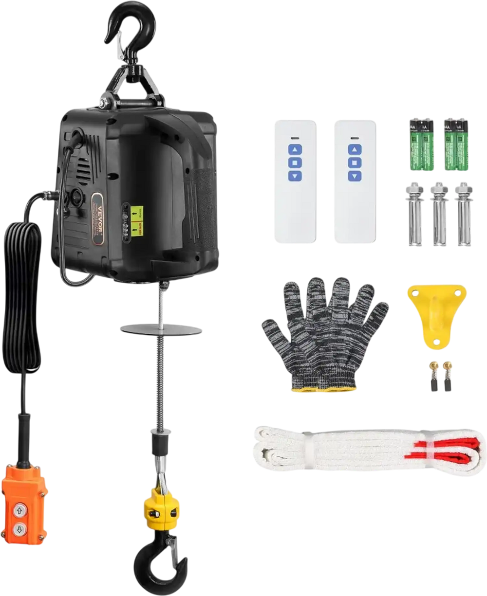 VEVOR 3-in-1 Electric Hoist Winch, 1100lbs 1500W Portable Power Winch Crane, 110V/120V 22.9 ft Lifting Height, 13 ft/min with Manual, Wired and Wireless Remote Control, Overload Protection