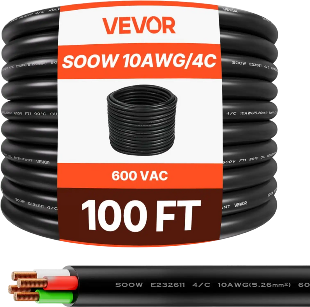 VEVOR 100 FT 10AWG Portable Power Cable (4 Conductor), Heavy Duty 600V SOOW Electrical Power Cable, Industrial Grade Electric Wire, Premium CPE Rubber Jacket, Copper Extension Cord for Welder Machine
