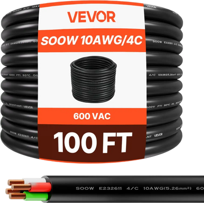 Vevor Power Cable 100' 10 AWG 4-Conductor SOOW Copper Extension Cord New
