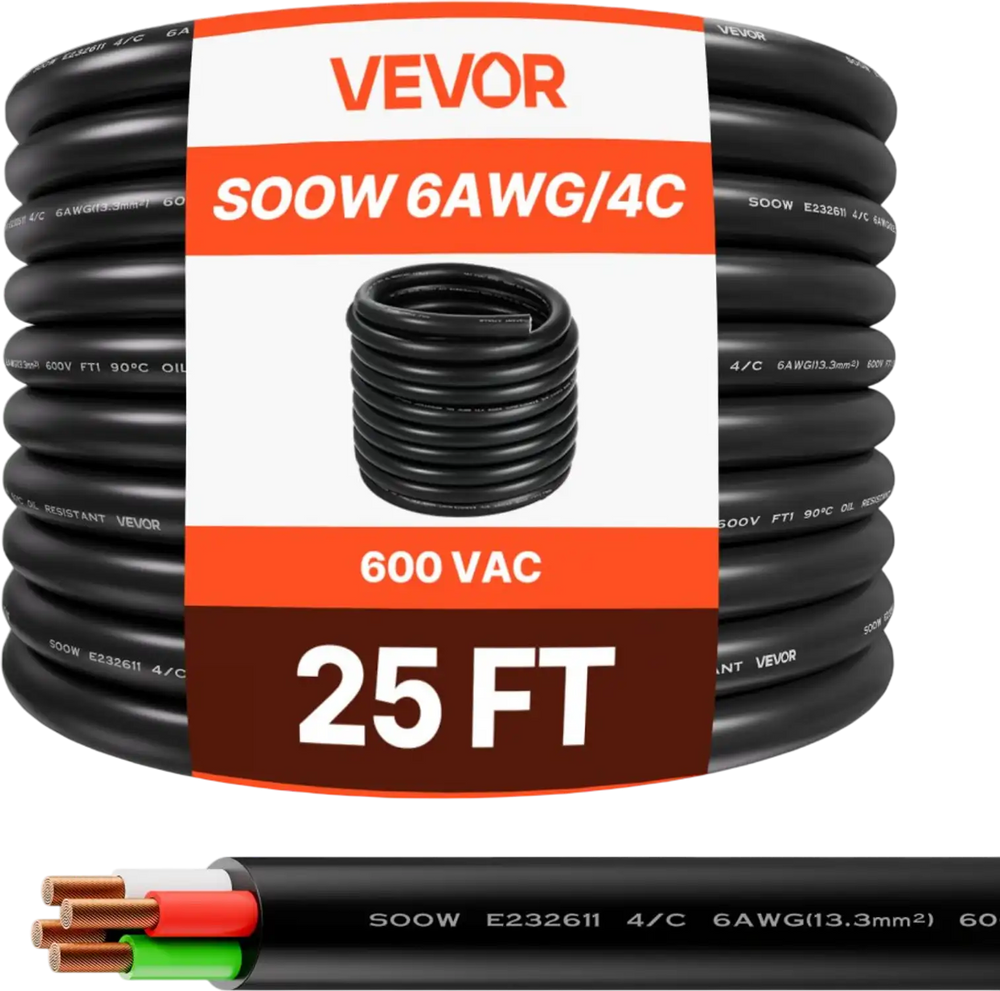 VEVOR 25 FT 6AWG Portable Power Cable (4 Conductor), Heavy Duty 600V SOOW Electrical Power Cable, Industrial Grade Electric Wire, Premium CPE Rubber Jacket, Copper Extension Cord for Welder Machine